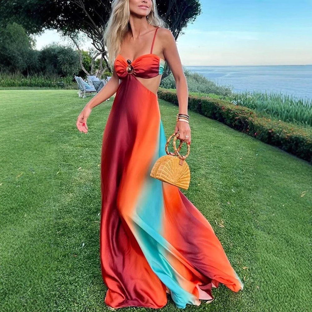 Zimmermann Orange Gradient Slip Maxi Dress with Teal Accents - Picture 2 of 4